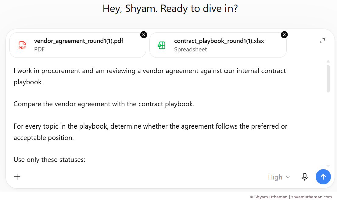 Round 1 AI contract review setup with vendor agreement PDF and contract playbook spreadsheet uploaded to ChatGPT
