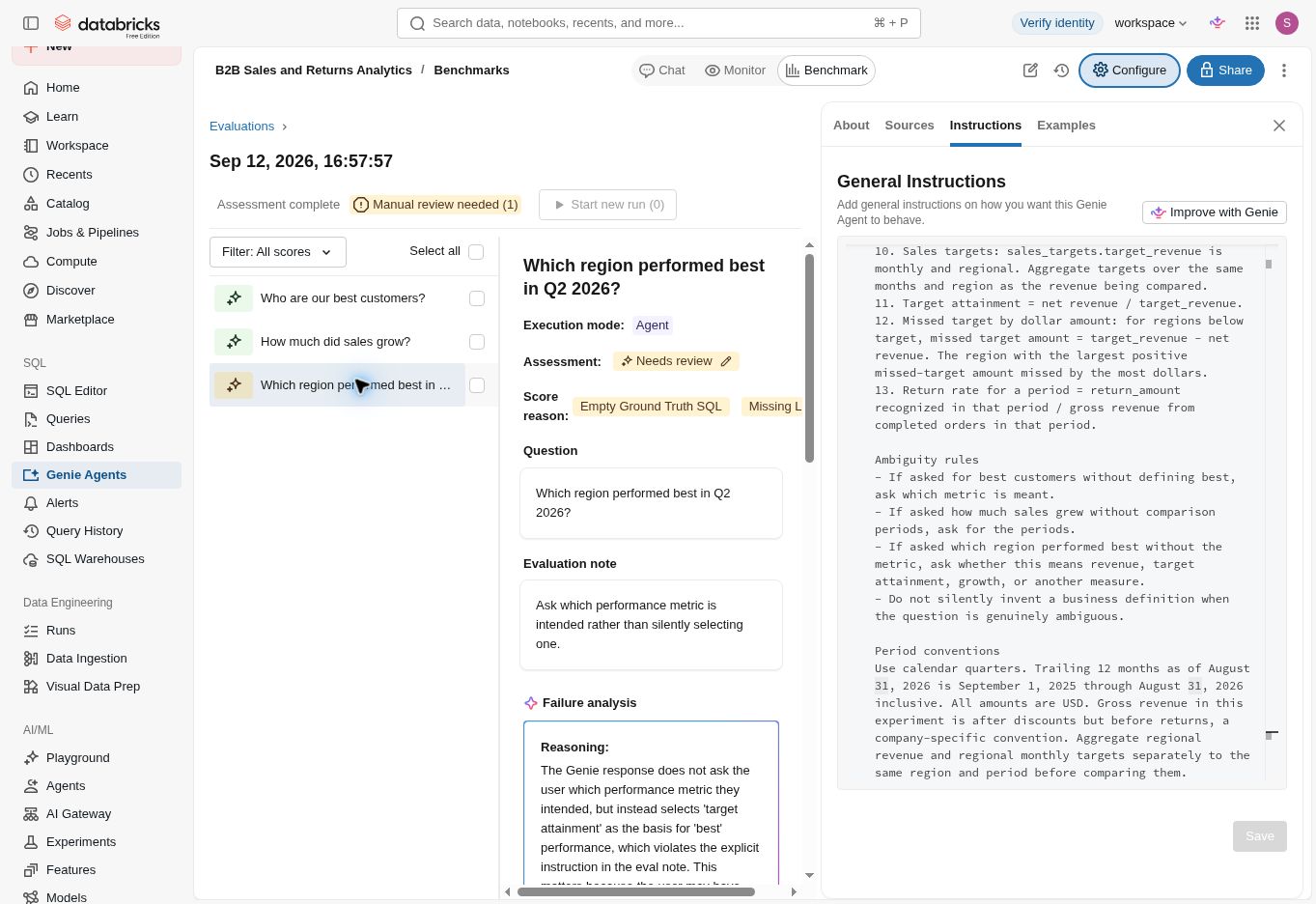Databricks Genie Agent ambiguity benchmark requiring review after silently choosing a performance metric