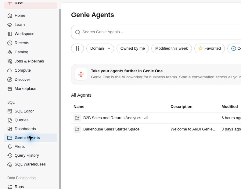 Databricks navigation showing Genie Agents selected