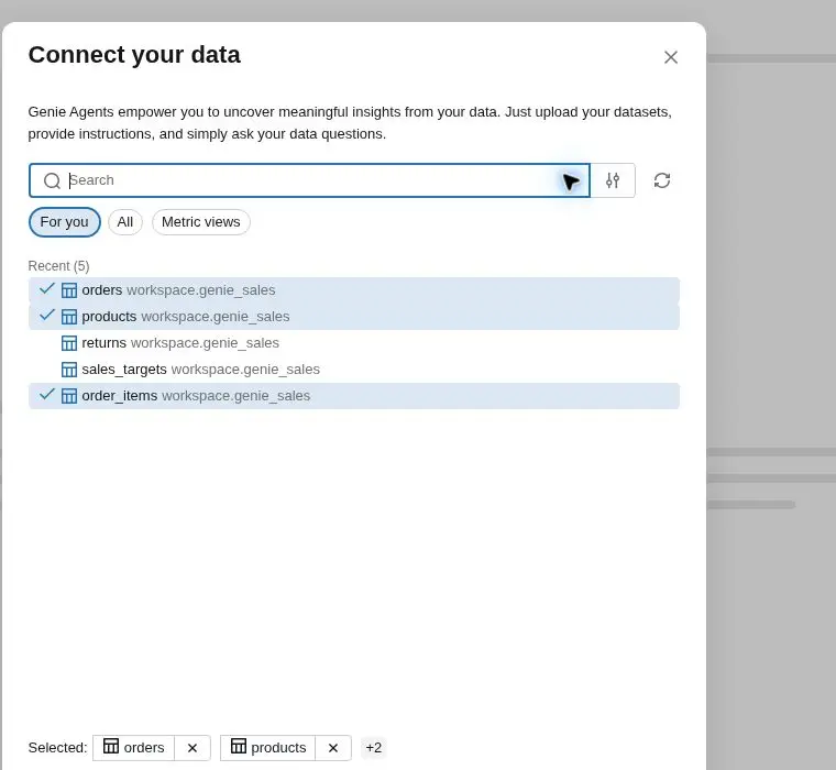 Databricks Genie data selection dialog with sales tables selected