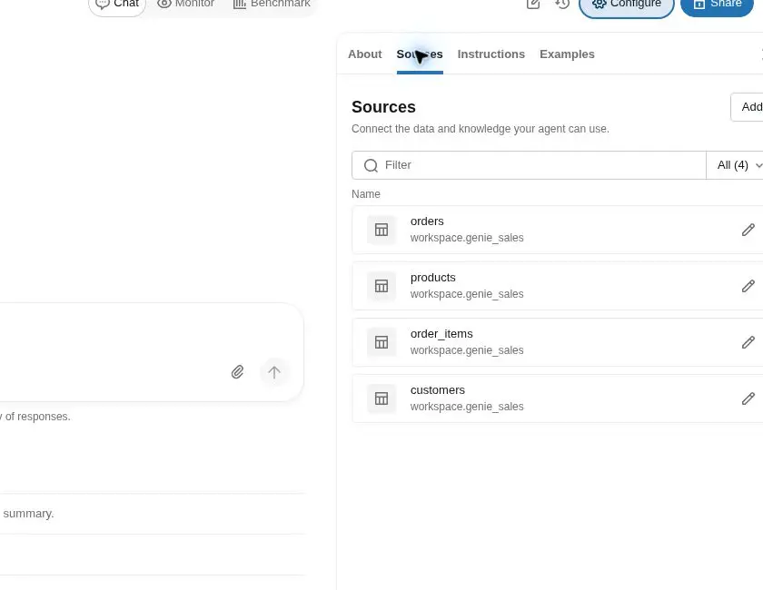 Databricks Genie configuration showing four source tables