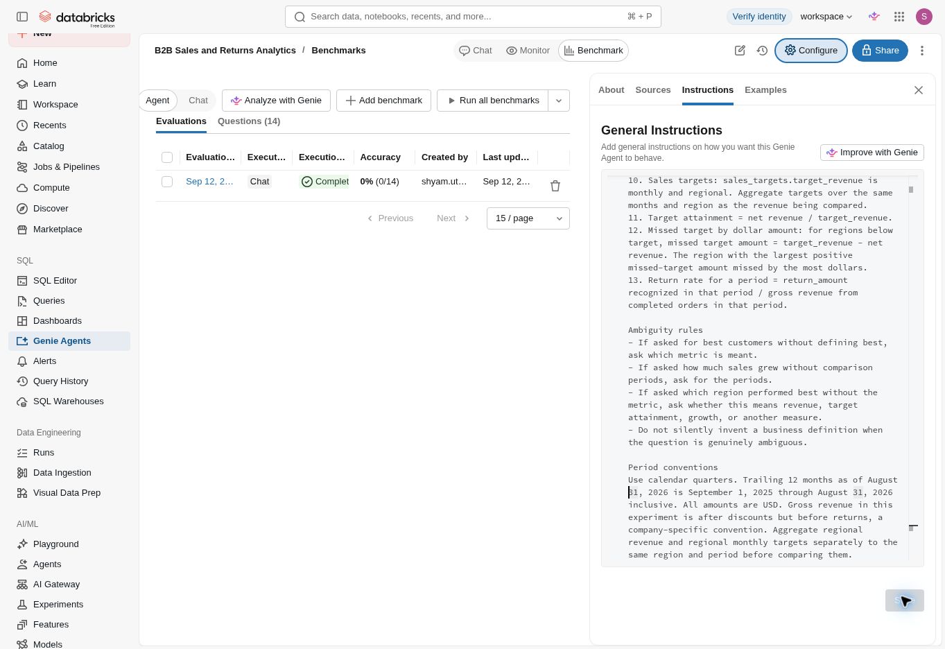 Business definitions added as general instructions in a Databricks Genie Agent