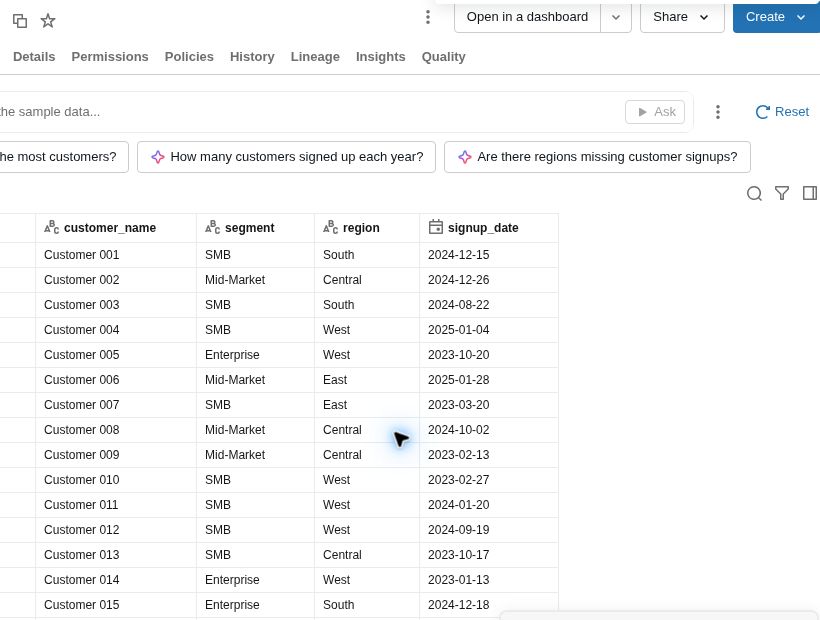 Databricks preview of the fictional customers table