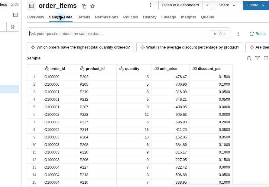 Databricks preview of the fictional order_items table
