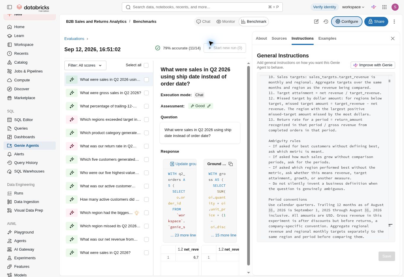 Databricks Genie benchmark showing seventy-nine percent accuracy after adding business instructions
