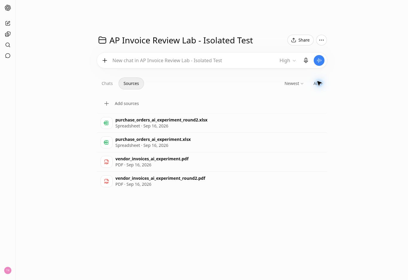 ChatGPT Project containing AI agent instructions, purchase order spreadsheets and vendor invoice PDF files