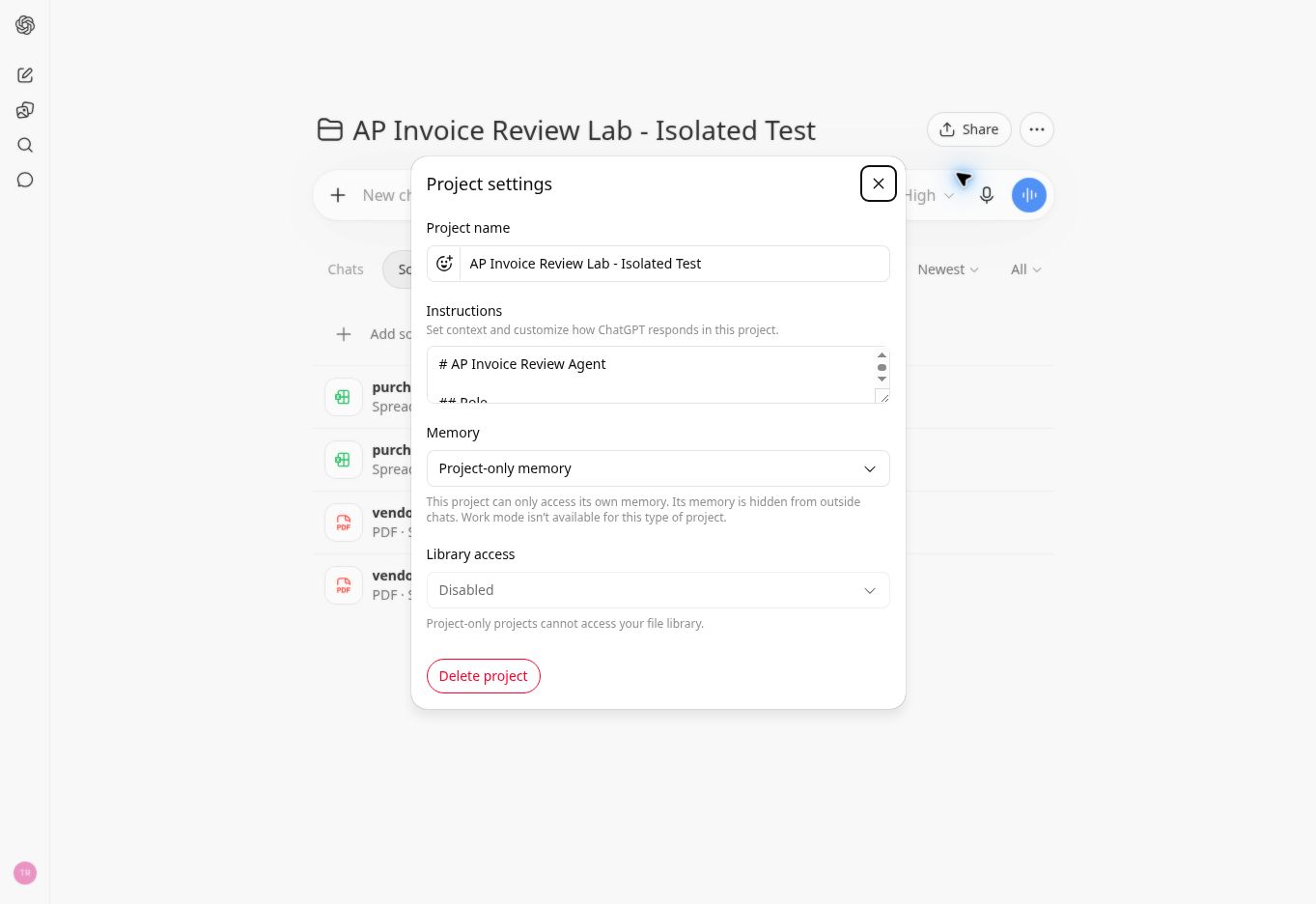 Project-only memory setting used while learning how to build an AI agent in ChatGPT