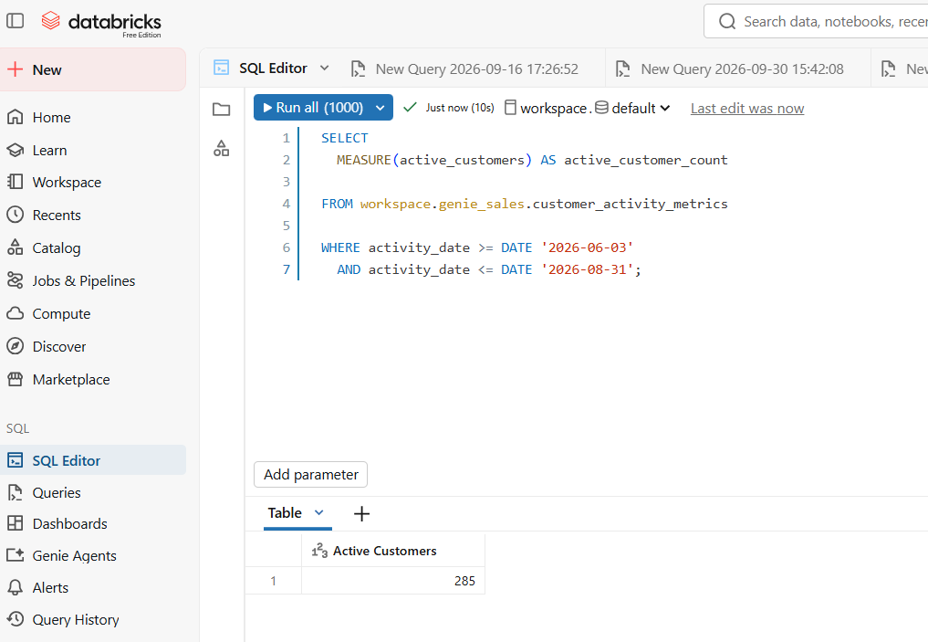 Semantic layer AI active customer metric validation returning 285